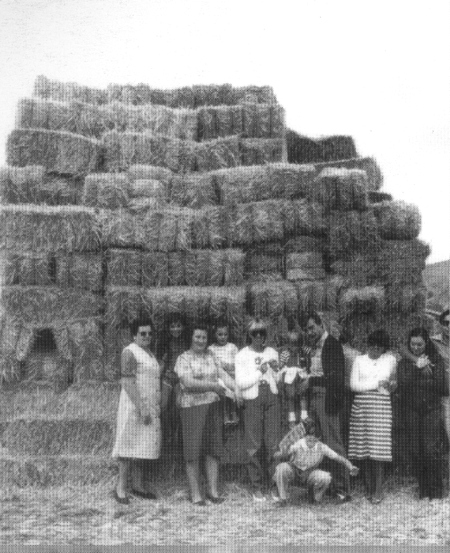 Vecinos de Olalla junto a unas alpacas de paja.