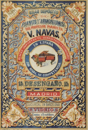 Portada de la obra: Gran depósito de pianos y armoniums del profesor pianista V. Navas : el más importante acreditado y económico sin rival ni competencia, 1881